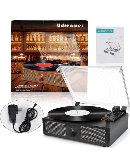 Reproductor de Vinilo Udreamer Negro Bluetooth 3 Velocidades Reproductor de Vinilo Udreamer Negro Bluetooth 3 Velocidades