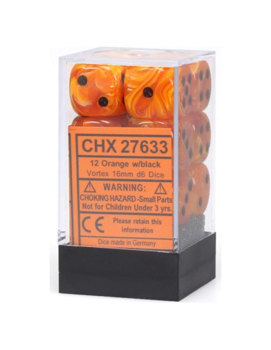 Juego de Dados DND Chessex 12 D6 Naranja y Negro 16 mm