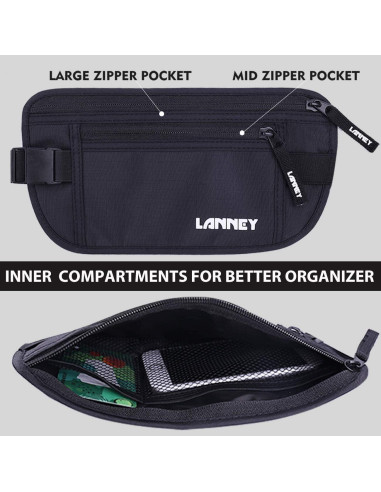 Cinturón de Dinero LANNEY RFID Negro para Viajes y Documentos