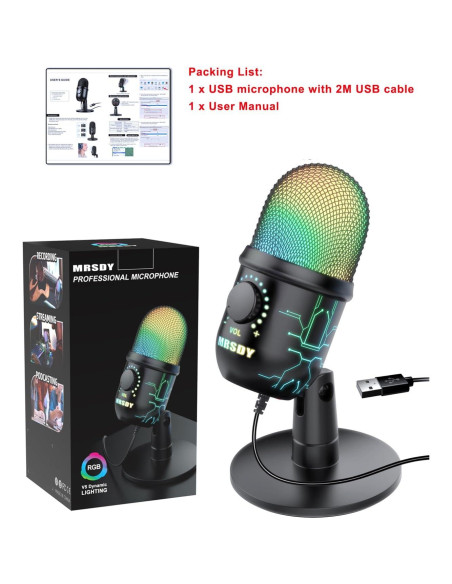 Micrófono USB MRSDY V5-P para Juegos y Podcast, 2m, RGB Micrófono USB MRSDY V5-P para Juegos y Podcast, 2m, RGB