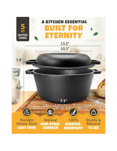 Horno Holandés Crustlove 5QT Hierro Fundido con Accesorios