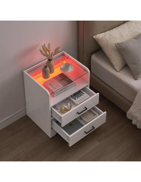 Mesa de Noche LED IDEALHOUSE con 2 Cajones y Vidrio Mesa de Noche LED IDEALHOUSE con 2 Cajones y Vidrio
