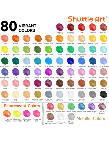Set de 80 Pinturas Acrílicas Shuttle Art 60 ml y 12 Pinceles