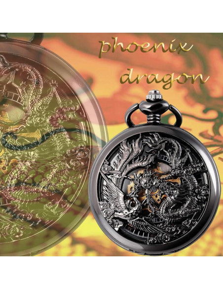 Reloj de bolsillo mecánico Oyeaho Dragón y Fénix negro Reloj de bolsillo mecánico Oyeaho Dragón y Fénix negro