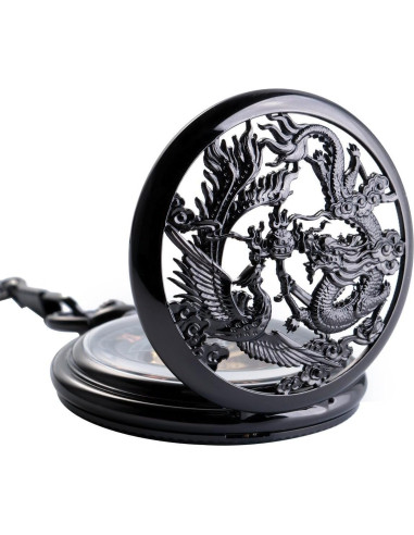 Reloj de bolsillo mecánico Oyeaho Dragón y Fénix negro