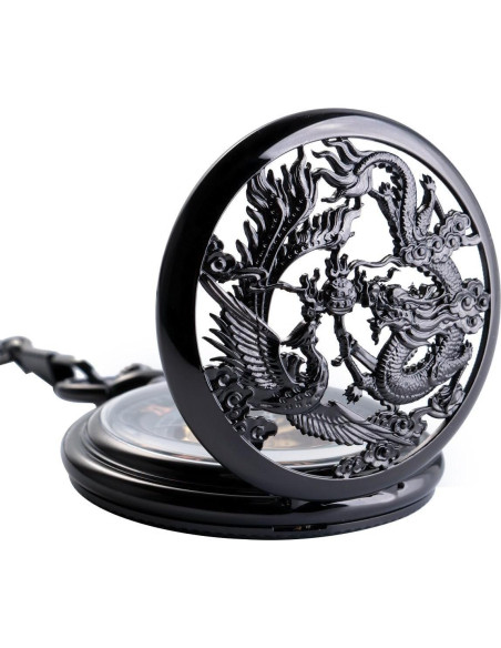 Reloj de bolsillo mecánico Oyeaho Dragón y Fénix negro Reloj de bolsillo mecánico Oyeaho Dragón y Fénix negro