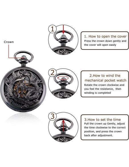 Reloj de bolsillo mecánico Oyeaho Dragón y Fénix negro Reloj de bolsillo mecánico Oyeaho Dragón y Fénix negro