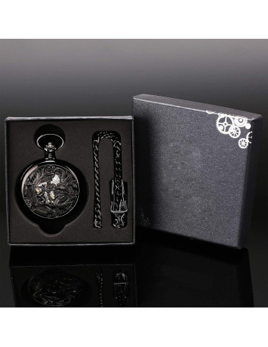 Reloj de bolsillo mecánico Oyeaho Dragón y Fénix negro
