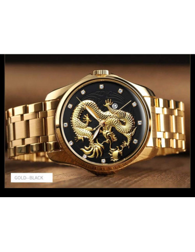 Reloj de Pulsera de Cuarzo Gosasa Dragón Chino Dorado 46mm