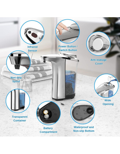 Dispensador de Jabón Automático PZOTRUF 500ml Plata con Sensor