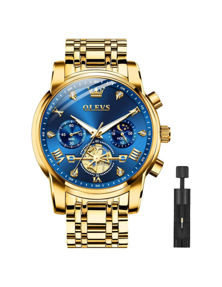 Reloj OLEVS Hombre Acero Inoxidable Dorado Esfera Azul Reloj OLEVS Hombre Acero Inoxidable Dorado Esfera Azul