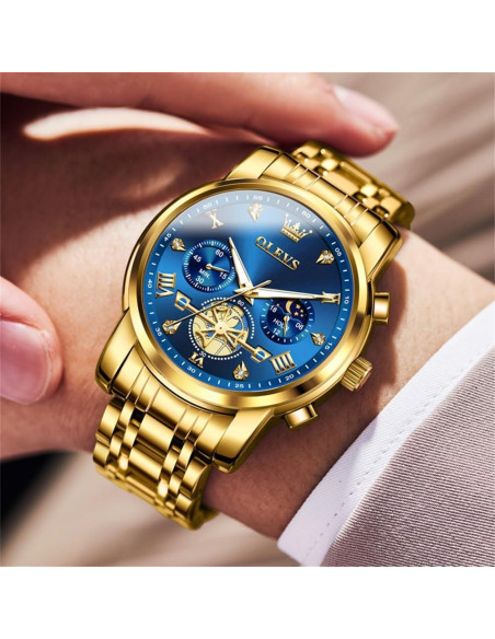 Reloj OLEVS Hombre Acero Inoxidable Dorado Esfera Azul Reloj OLEVS Hombre Acero Inoxidable Dorado Esfera Azul