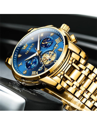 Reloj OLEVS Hombre Acero Inoxidable Dorado Esfera Azul