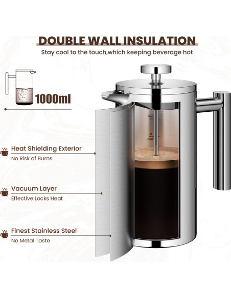 Prensa Francesa Velaze 1L Acero Inoxidable Doble Pared Prensa Francesa Velaze 1L Acero Inoxidable Doble Pared
