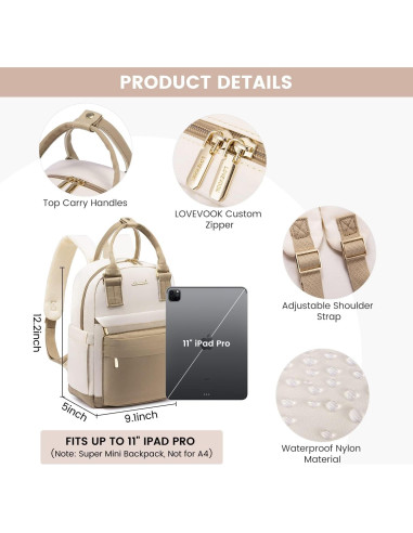 Mochila Mini LOVEVOOK Impermeable con Puerto USB 11" Caqui