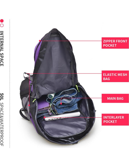 Mochila de Senderismo Bseash 50L Resistente al Agua Púrpura Mochila de Senderismo Bseash 50L Resistente al Agua Púrpura