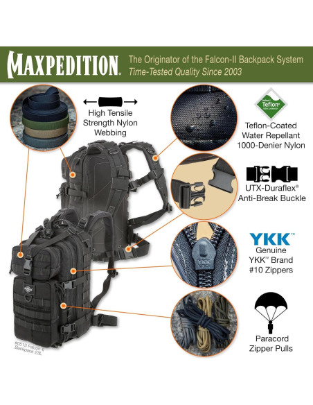Mochila Maxpedition Falcon-II 25L Táctica Negra EDC Mochila Maxpedition Falcon-II 25L Táctica Negra EDC