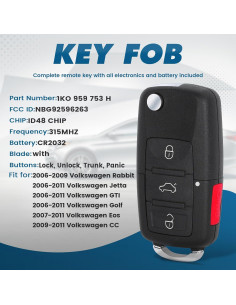 Llave de control remoto Volkswagen 2006-2011 4 botones Keyecu 2