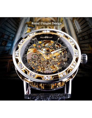 Reloj Esqueleto Mecánico Winner Retro con Diamante y Flor