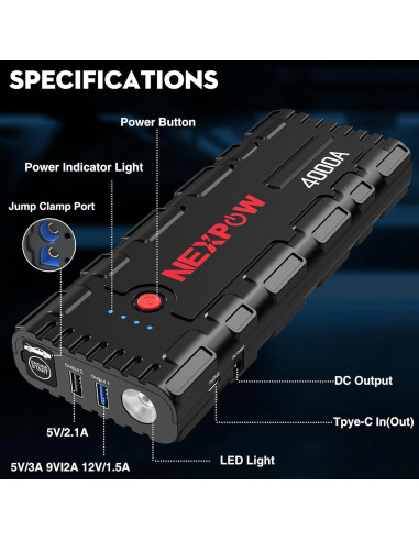 Arrancador de Coche NEXPOW G17 S40 4000A Carga Rápida