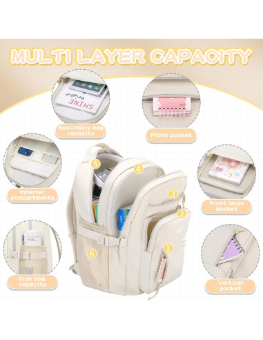 Mochila Escolar Beige PRAGARI 31x18x43 cm Ligera
