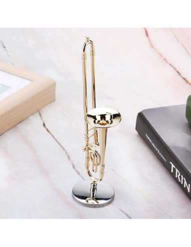 Trombón Miniatura Hztyyiero Oro y Plata 16 cm con Soporte
