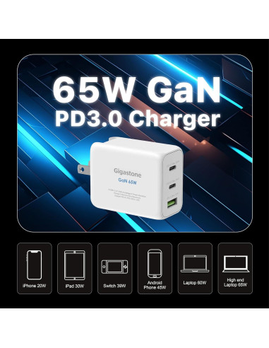 Cargador USB C GaN 65W Gigastone con 3 Puertos y PPS