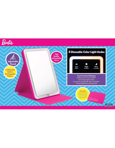 Espejo de Maquillaje eKids Barbie Portátil con Luz Rosa
