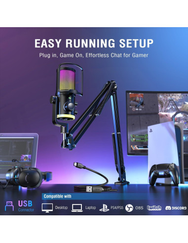 Micrófono USB FIFINE AM6T para Streaming y Gaming con RGB