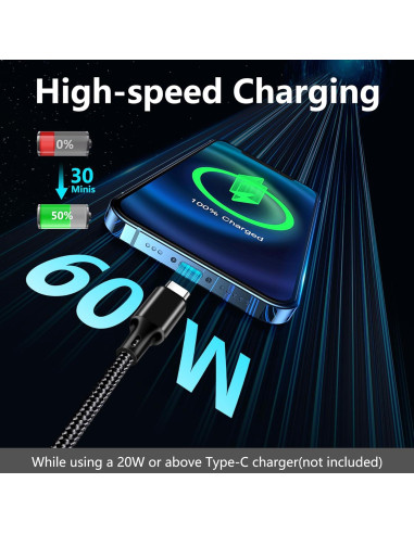 Cable USB C a USB C 60W 2m Longlidie - Carga Rápida Negro