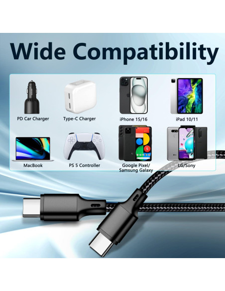 Cable USB C a USB C 60W 2m Longlidie - Carga Rápida Negro Cable USB C a USB C 60W 2m Longlidie - Carga Rápida Negro
