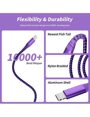 Cargador MFi Firsting para iPhone - 3 Cables 6FT Nylon Morado