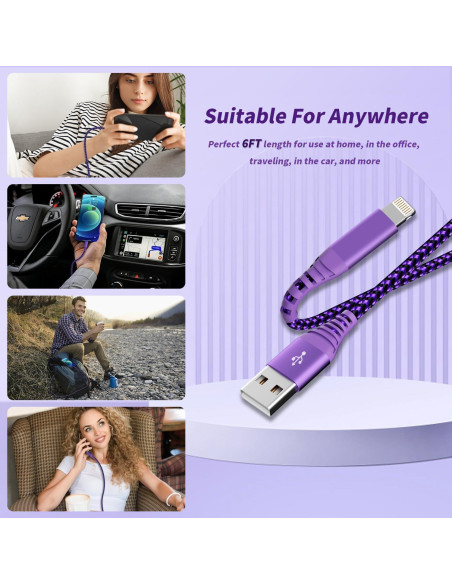 Cargador MFi Firsting para iPhone - 3 Cables 6FT Nylon Morado Cargador MFi Firsting para iPhone - 3 Cables 6FT Nylon Morado