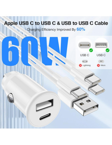 Cargador de coche USB-C 40W con 2 cables para iPhone y Samsung