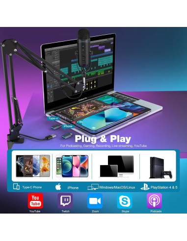 Micrófono Gaming USB ZealSound K66 con Brazo Soporte Negro