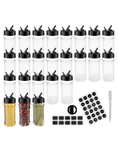 Paquete de 24 Tarros de Especias Plástico 100 ml con Tapas Negras