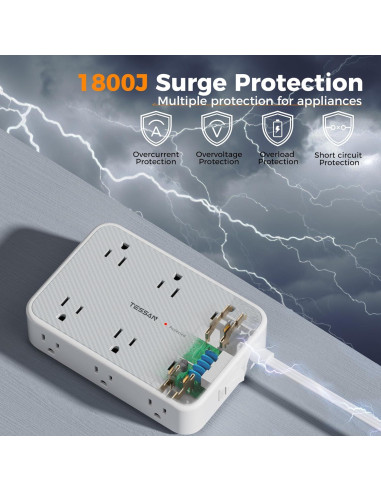 Regleta de Protección TESSAN 12 Salidas AC 4 USB 5FT Gris
