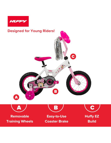 Bicicleta para Niñas Huffy 12" Minnie Mouse Rosa con Ruedas de Entrenamiento