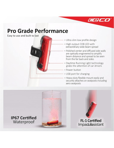 Luz Trasera Recargable USB CECO TC60 60 Lúmenes IP67 Rojo