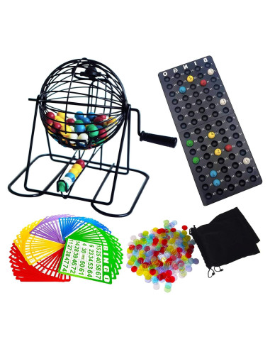 Juego de Bingo Deluxe Yuanhe - Jaula Metal 15 cm, 75 Bolas, 50 Tarjetas