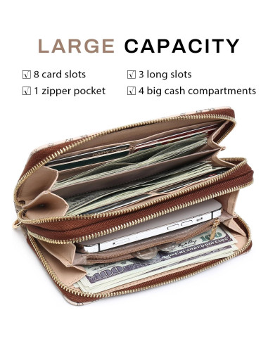 Cartera Dasein RFID para Mujeres, Gran Capacidad, Beige