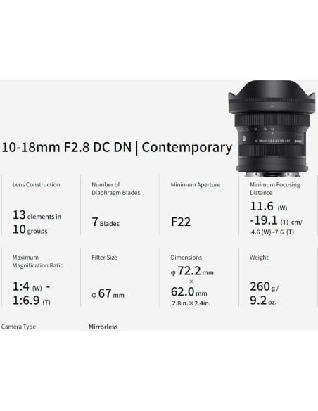Lente Zoom Ultra Gran Angular Sigma 10-18mm F2.8 DC DN Lente Zoom Ultra Gran Angular Sigma 10-18mm F2.8 DC DN