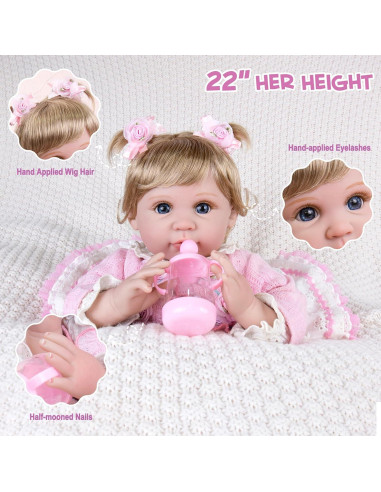Muñeca Aori Reborn 55.88 cm Realista para Niños 3+ con Atuendo Rosa