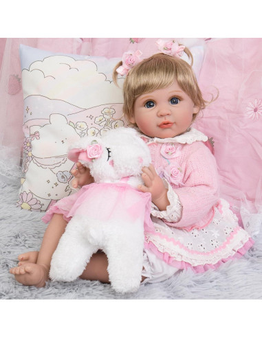 Muñeca Aori Reborn 55.88 cm Realista para Niños 3+ con Atuendo Rosa