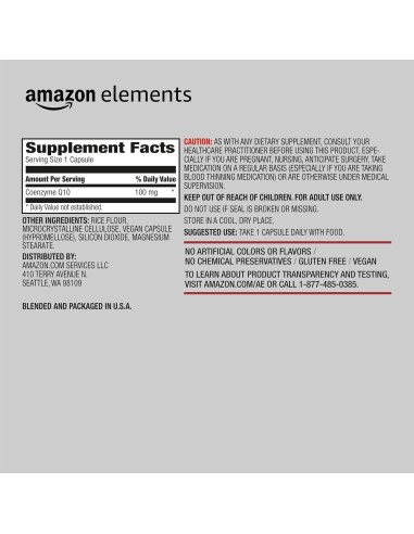 Suplemento Vegano CoQ10 100 mg Amazon Elements 60 Cápsulas