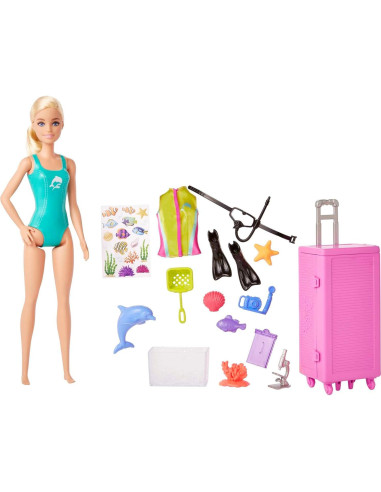 Juego de Barbie Biologa Marina + Laboratorio Móvil + 10 Acc.
