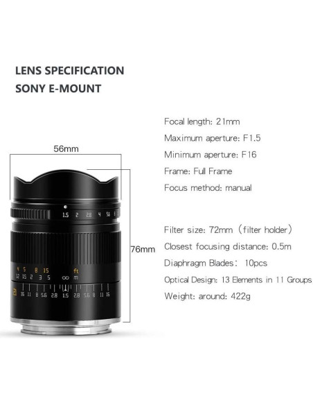 Lente TTArtisan 21mm F1.5 para Cámaras Sony E-Mount Negro Lente TTArtisan 21mm F1.5 para Cámaras Sony E-Mount Negro