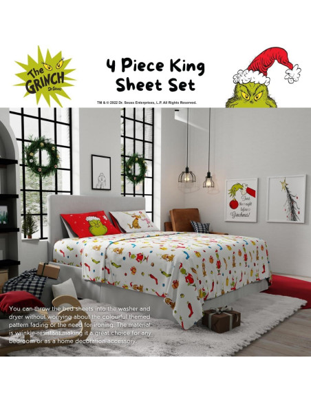 Juego de Sábanas King Franco Grinch 4 Piezas Microfibra Juego de Sábanas King Franco Grinch 4 Piezas Microfibra
