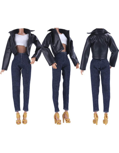 E-TING Abrigo de Cuero para Muñecas 29 cm y 30 cm Negro