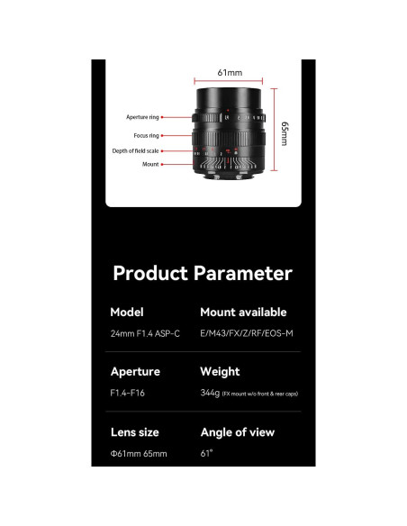 Lente Gran Angular 7artisans 24mm F1.4 para Nikon Z APS-C Lente Gran Angular 7artisans 24mm F1.4 para Nikon Z APS-C